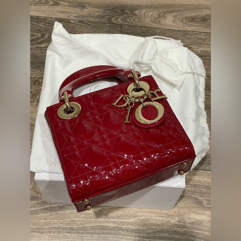 DIOR MINI LADY DIOR BAG CHERRY RED PATENT CANNAGE CALFSKIN GOLD HW PRELOVED - Picture 10 of 13